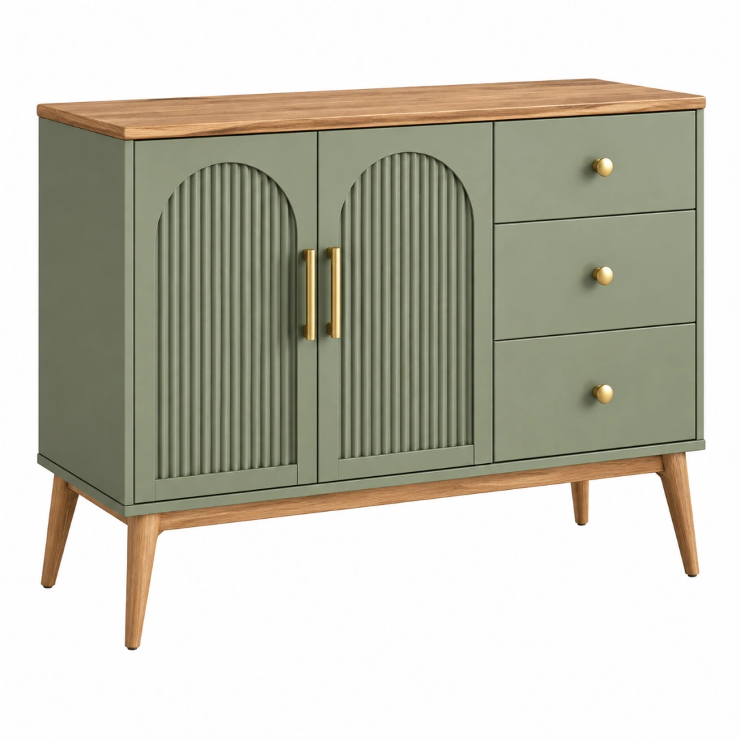 Aparador 120 x 40 x 90 cm de madera verde con 3 cajones y 2 puertas estilo moderno