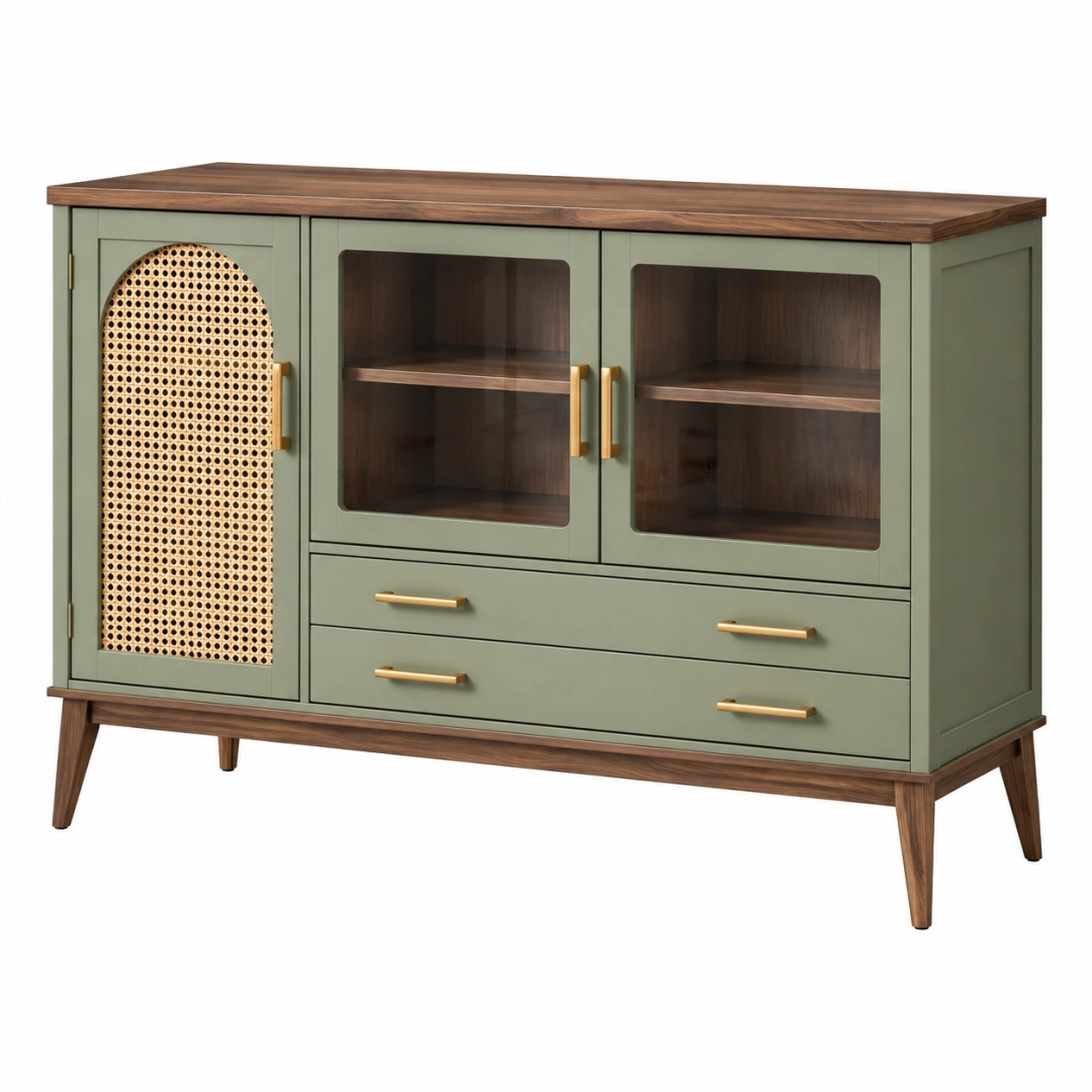 Aparador 120 x 40 x 85 cm de madera verde con ratán y vidrio para almacenamiento estilo retro