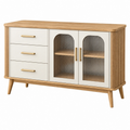 Aparador 160 cm de madera y vidrio acanalado beige estilo retro con almacenamiento