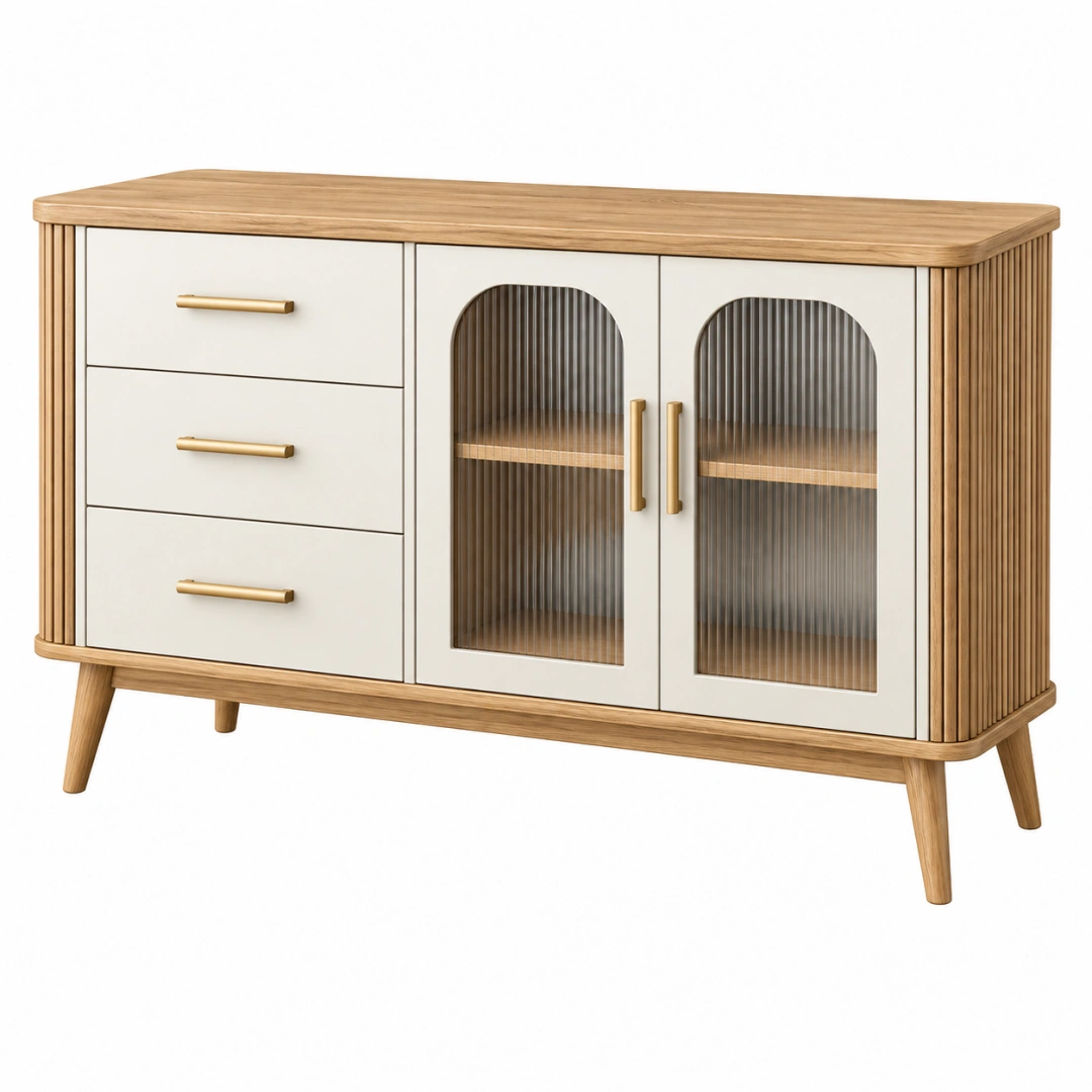 Aparador 160 cm de madera y vidrio acanalado beige estilo retro con almacenamiento