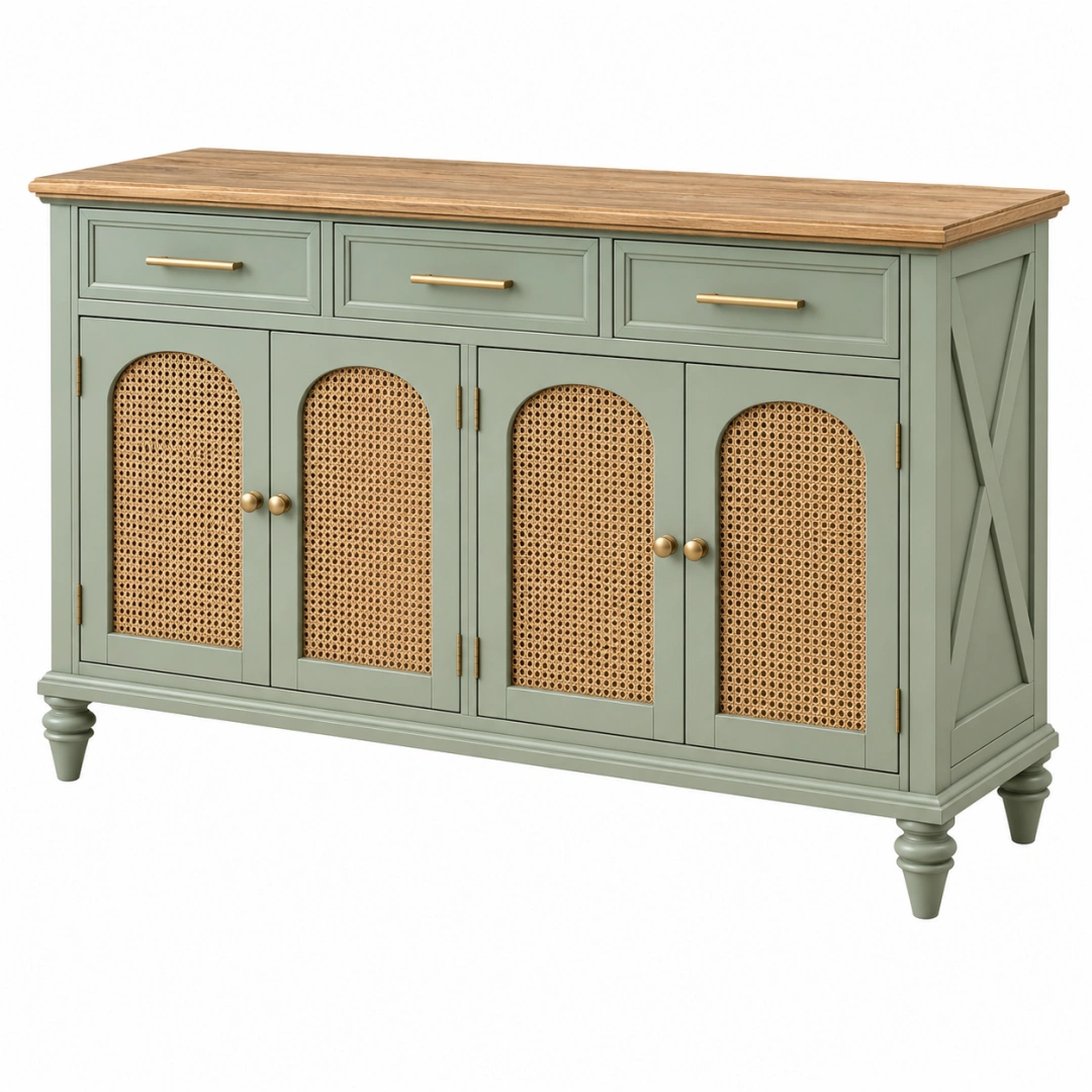 Aparador 160 cm de madera verde con rejilla de ratán - almacenamiento clásico