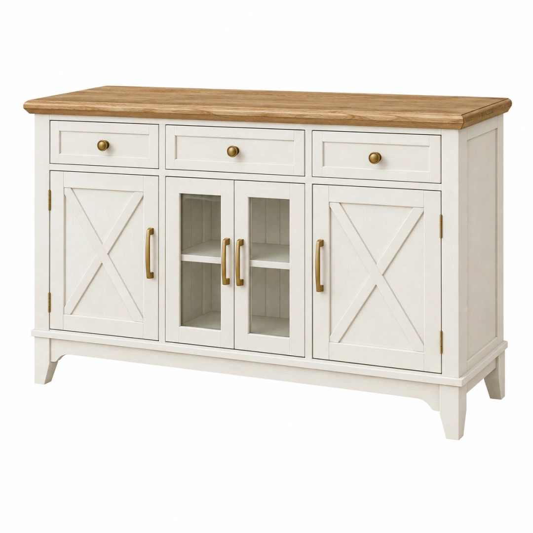Aparador 150 x 45 x 90 cm de madera blanco y natural con puertas de cristal estilo rústico