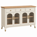 Aparador 160 x 45 x 95 cm de madera beige con puertas de vidrio acanalado estilo clásico