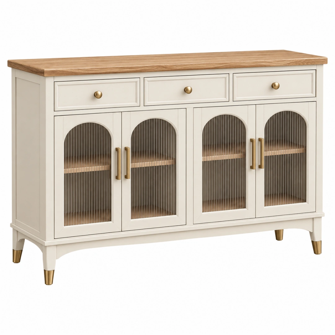 Aparador 160 x 45 x 95 cm de madera beige con puertas de vidrio acanalado estilo clásico