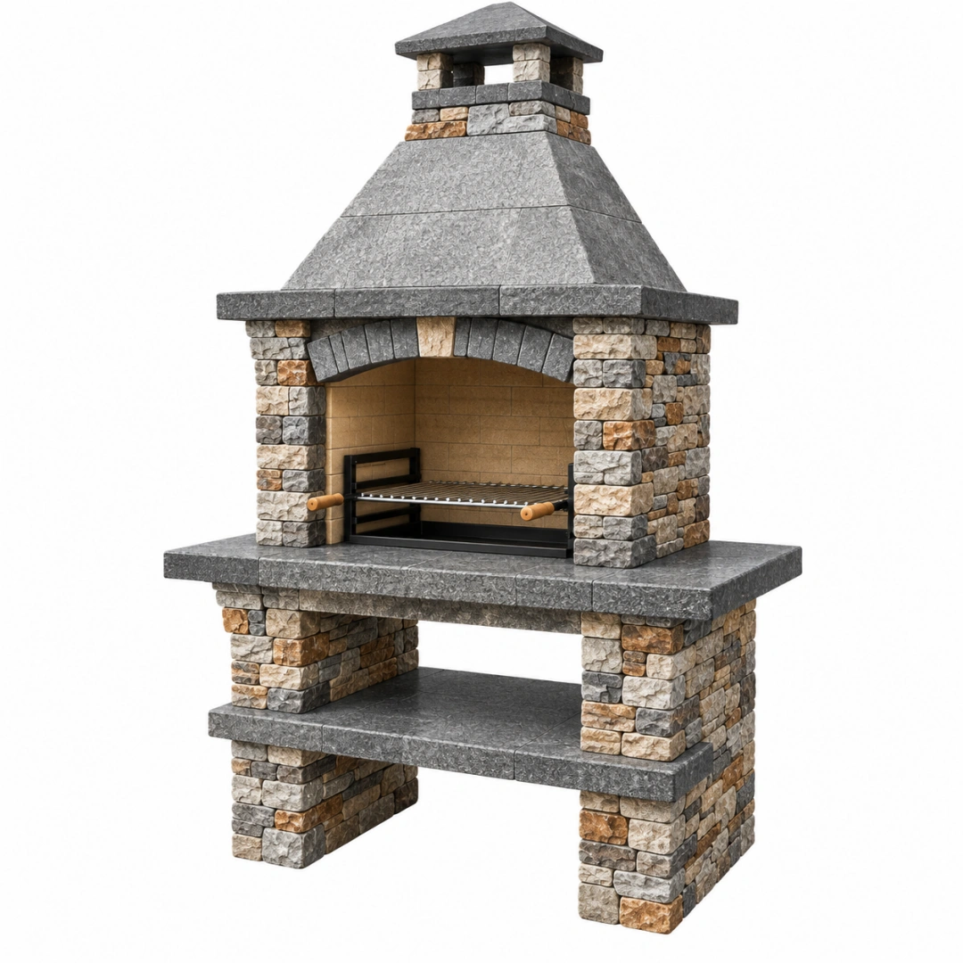 Barbacoa de jardín 160 x 80 x 230 cm de piedra gris beige con parrilla estilo rústico