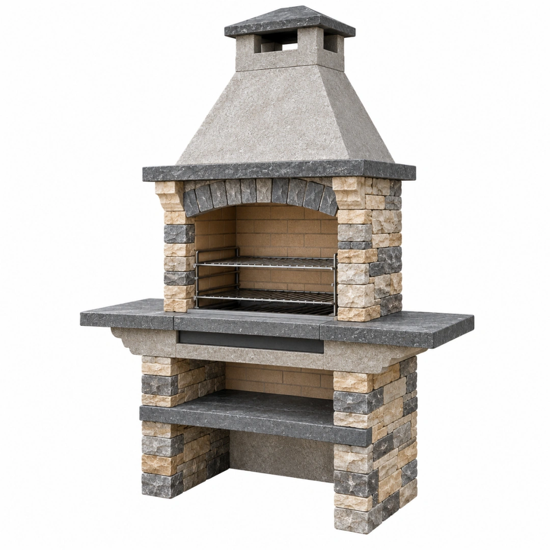Barbacoa de obra 150 x 70 x 220 cm de piedra gris y beige con parrillas metálicas