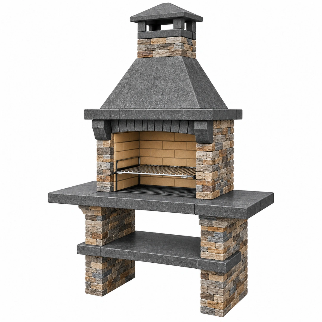 Barbacoa de obra 120 x 70 x 210 cm de piedra gris para exterior con chimenea y parrilla