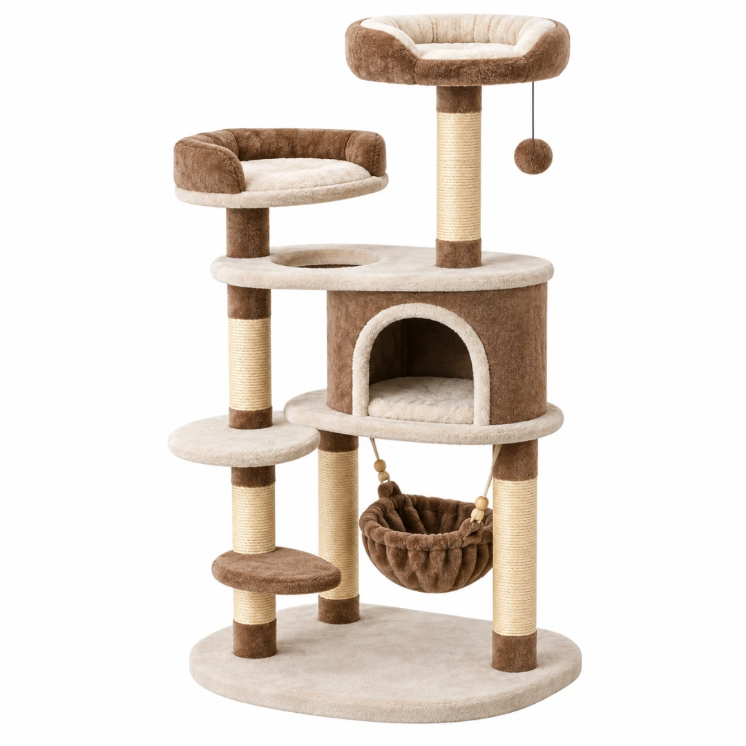 Árbol rascador para gatos 60 x 60 x 155 cm de felpa marrón y crema con sisal y plataformas
