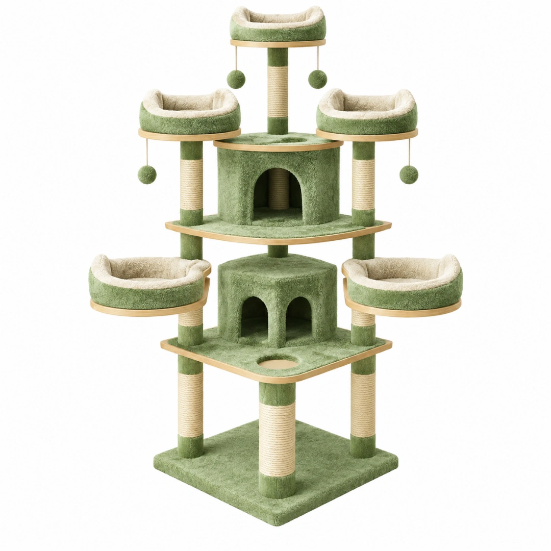 Árbol rascador para gatos 70 x 70 x 190 cm de felpa verde con postes de sisal y camas elevadas