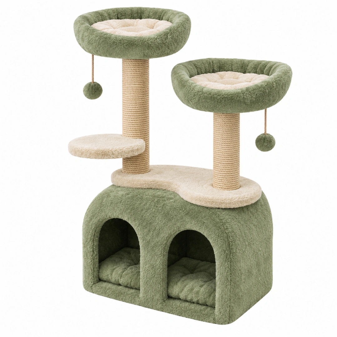Árbol rascador para gatos 60 x 50 x 120 cm de felpa verde y beige con postes de cuerda y refugio