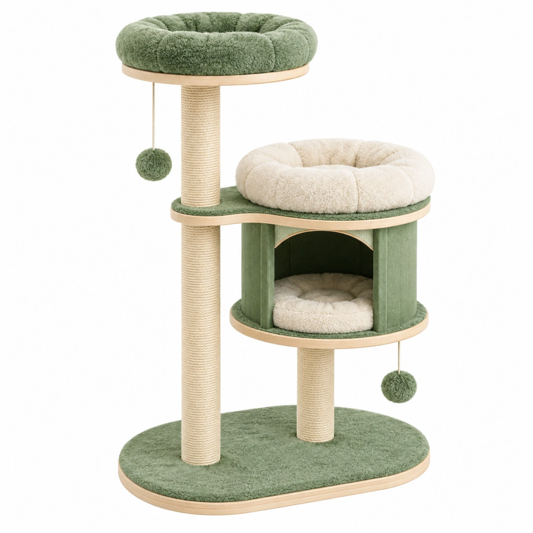 Árbol rascador para gatos 60 x 45 x 120 cm verde y beige con sisal y plataformas acolchadas