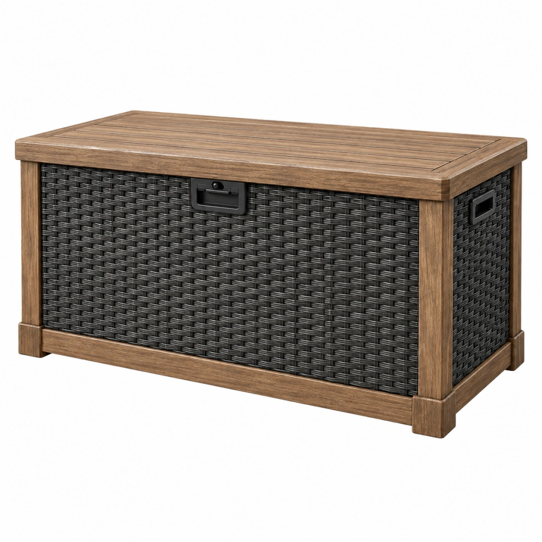 Arcón de almacenamiento exterior 120 x 60 x 65 cm de resina trenzada marrón y negro con tapa estilo rústico