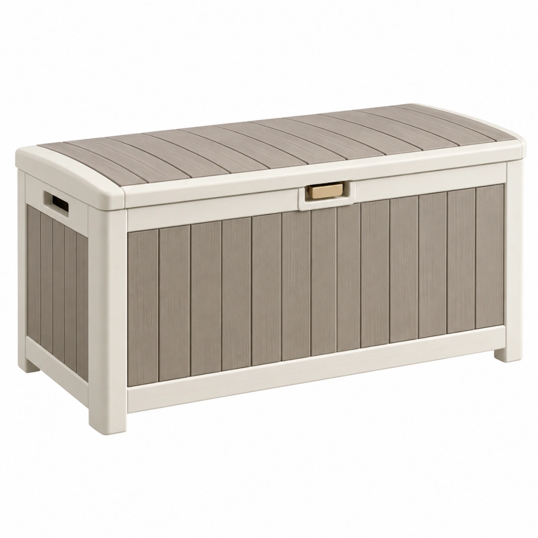 Arcón de almacenaje 120 x 55 x 60 cm de resina beige y gris para exterior con tapa