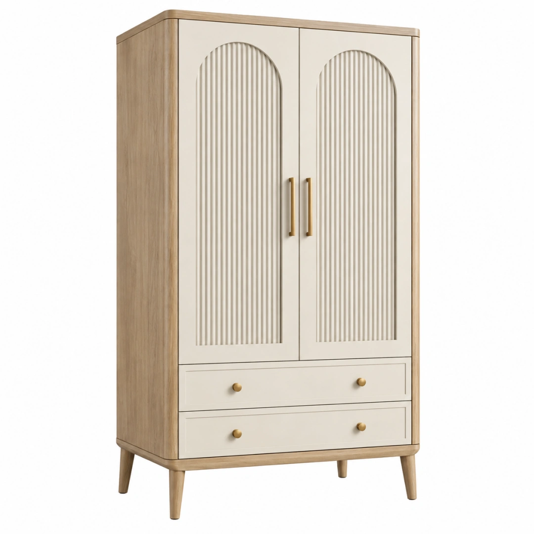 Armario 90 x 50 x 180 cm de madera beige y natural con 2 puertas y 2 cajones estilo moderno