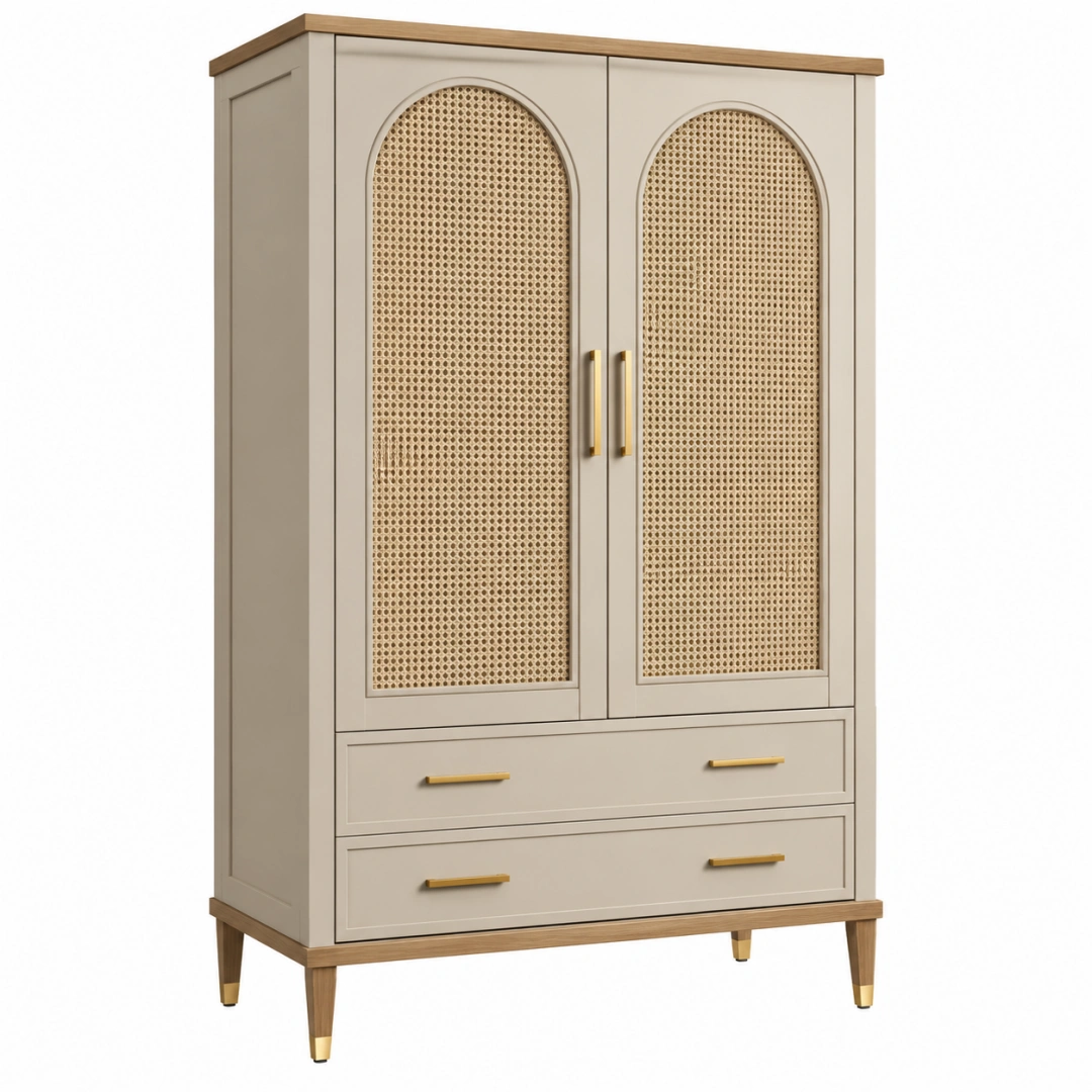 Armario 100 x 50 x 190 cm de madera beige con ratán - estilo natural con 2 puertas y 2 cajones