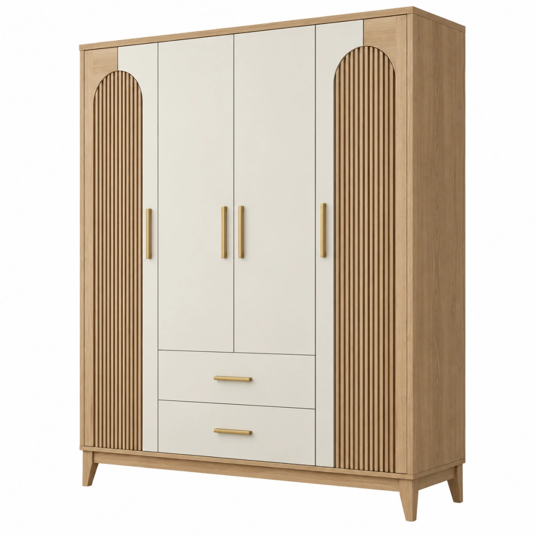 Armario de 4 puertas 160 x 55 x 200 cm en madera roble y blanco roto con cajones estilo contemporáneo