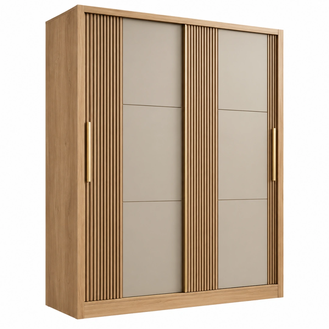 Armario de 160 x 60 x 220 cm en madera marrón y beige con puertas correderas de estilo moderno