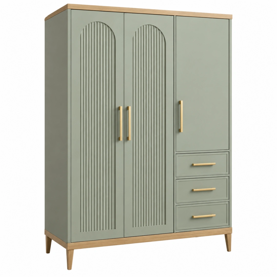 Armario 120 x 50 x 190 cm de madera verde salvia con 3 puertas y 3 cajones estilo retro