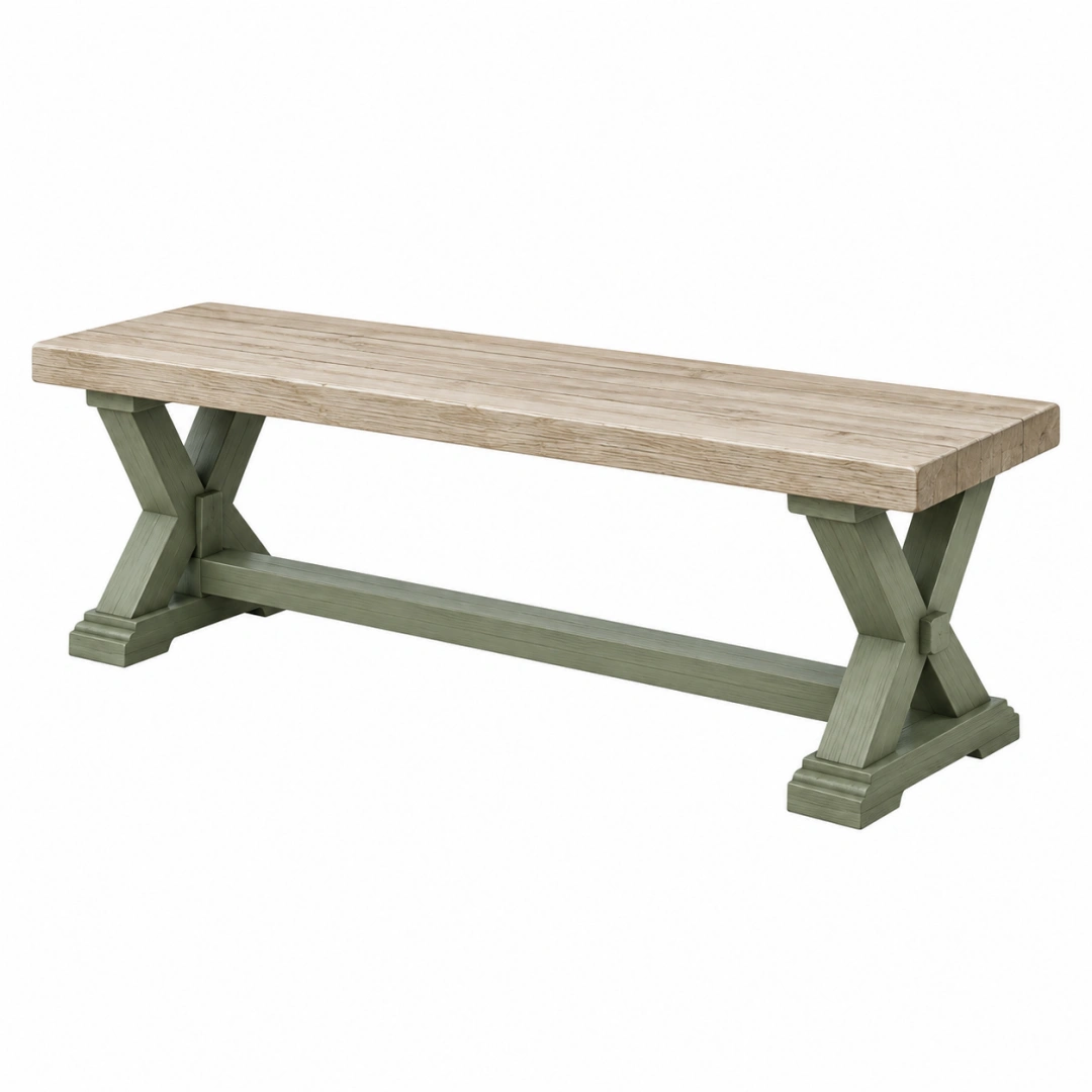 Banco 180 x 38 x 45 cm de madera beige y verde con base en X estilo rústico