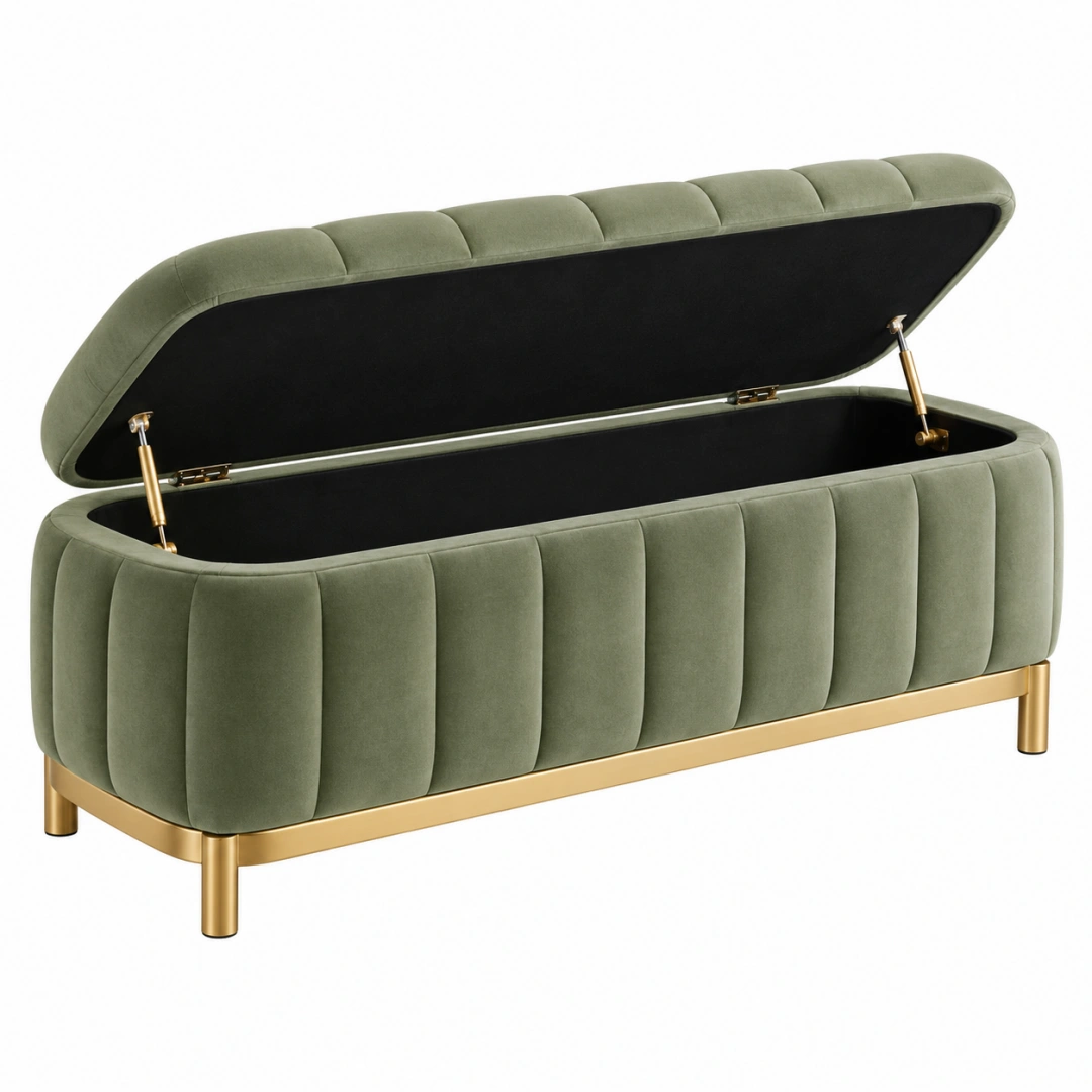 Banco arcón 140 x 45 x 55 cm de terciopelo verde con patas metálicas doradas - estilo glamuroso