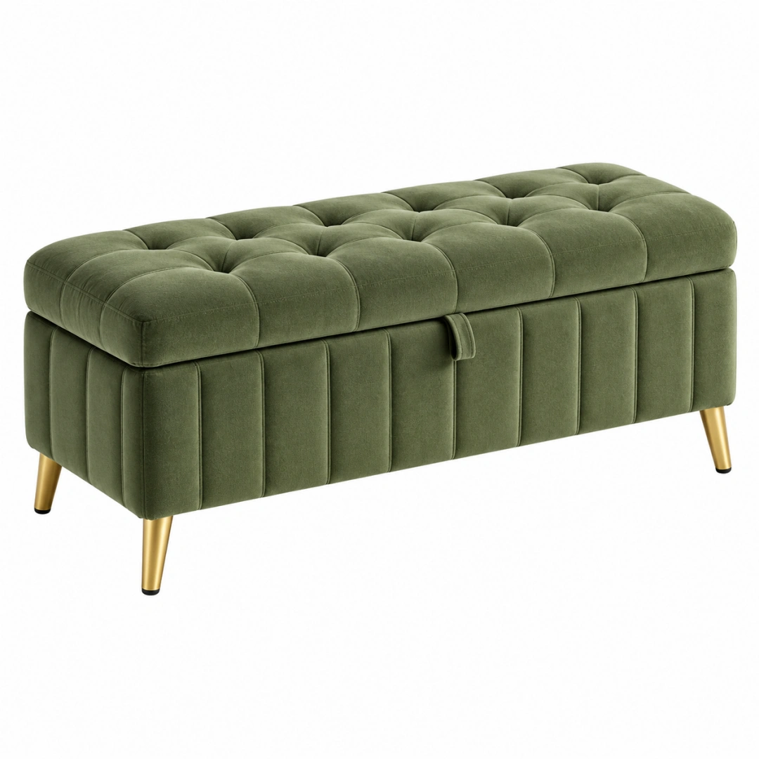 Banco baúl 120 x 45 x 47 cm de terciopelo verde con almacenaje estilo capitoné