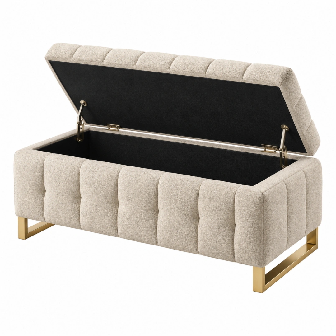 Banco con almacenaje 120 x 45 x 50 cm de tejido bouclé beige con patas metálicas doradas - tapizado acolchado