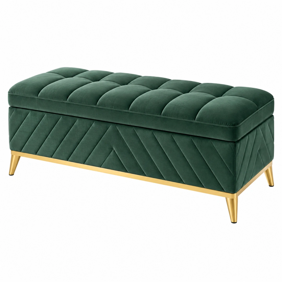 Banco baúl 120 x 45 x 45 cm de terciopelo verde con patas metálicas doradas - asiento acolchado capitoné