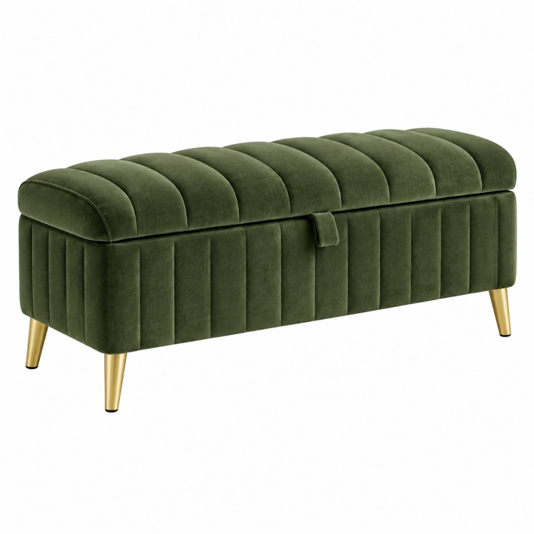 Banco con almacenaje 100 x 40 x 45 cm de terciopelo verde con patas metálicas - acolchado