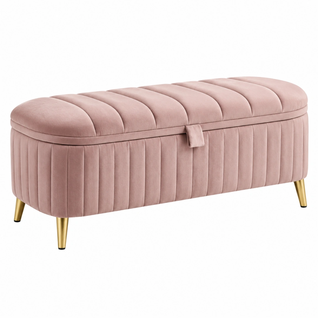 Banco arcón 100 x 40 x 45 cm de terciopelo rosa con patas doradas estilo moderno
