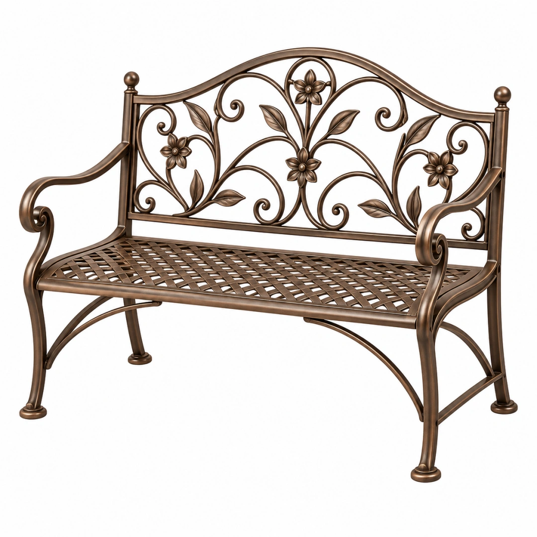 Banco de jardín 120 x 60 x 95 cm de metal bronce con respaldo floral clásico