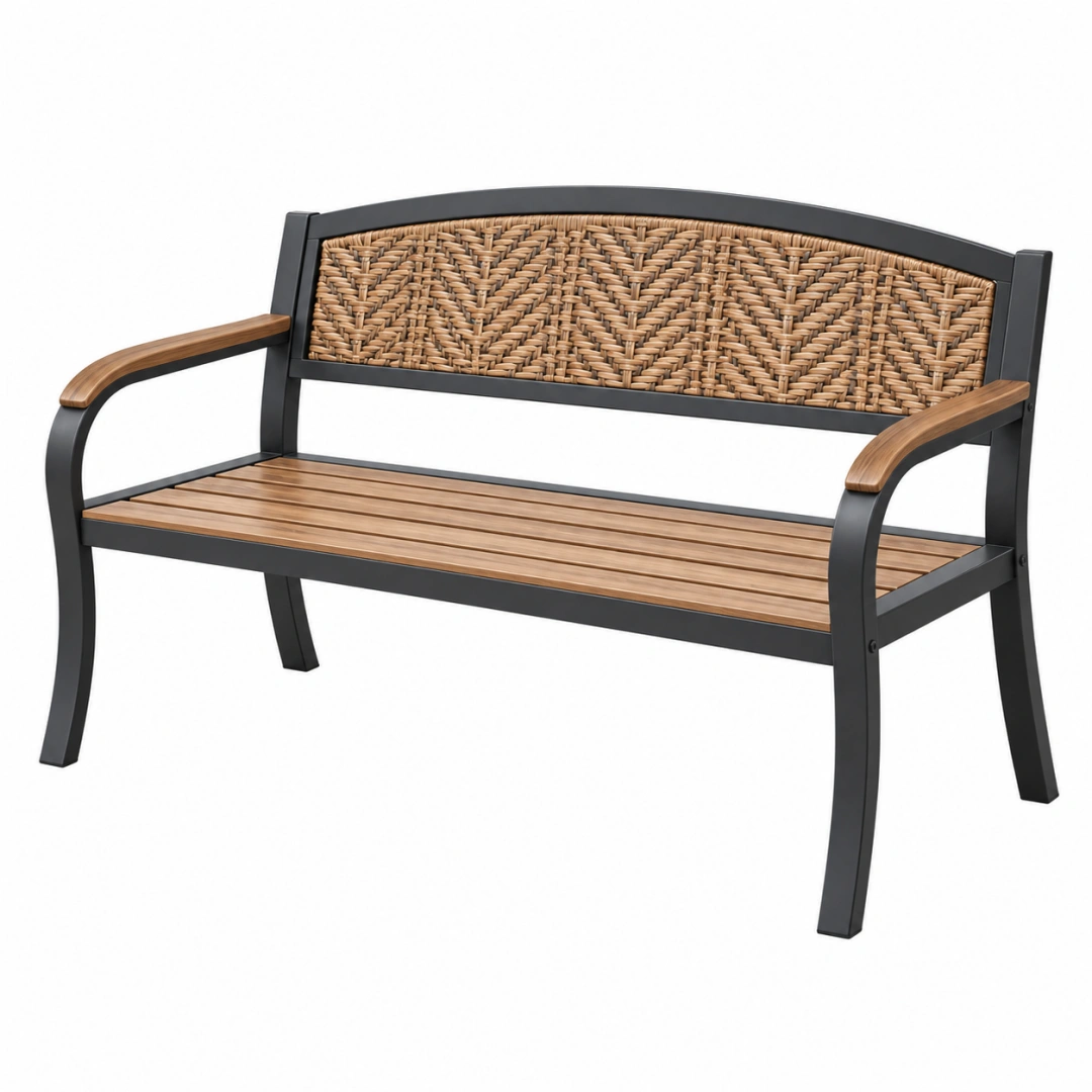Banco de jardín 122 x 63 x 86 cm de metal negro y madera con respaldo trenzado