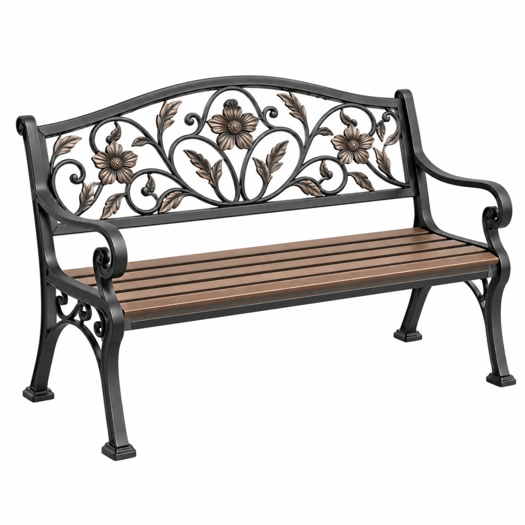 Banco de jardín 125 x 60 x 90 cm de metal y madera negro y marrón con respaldo floral