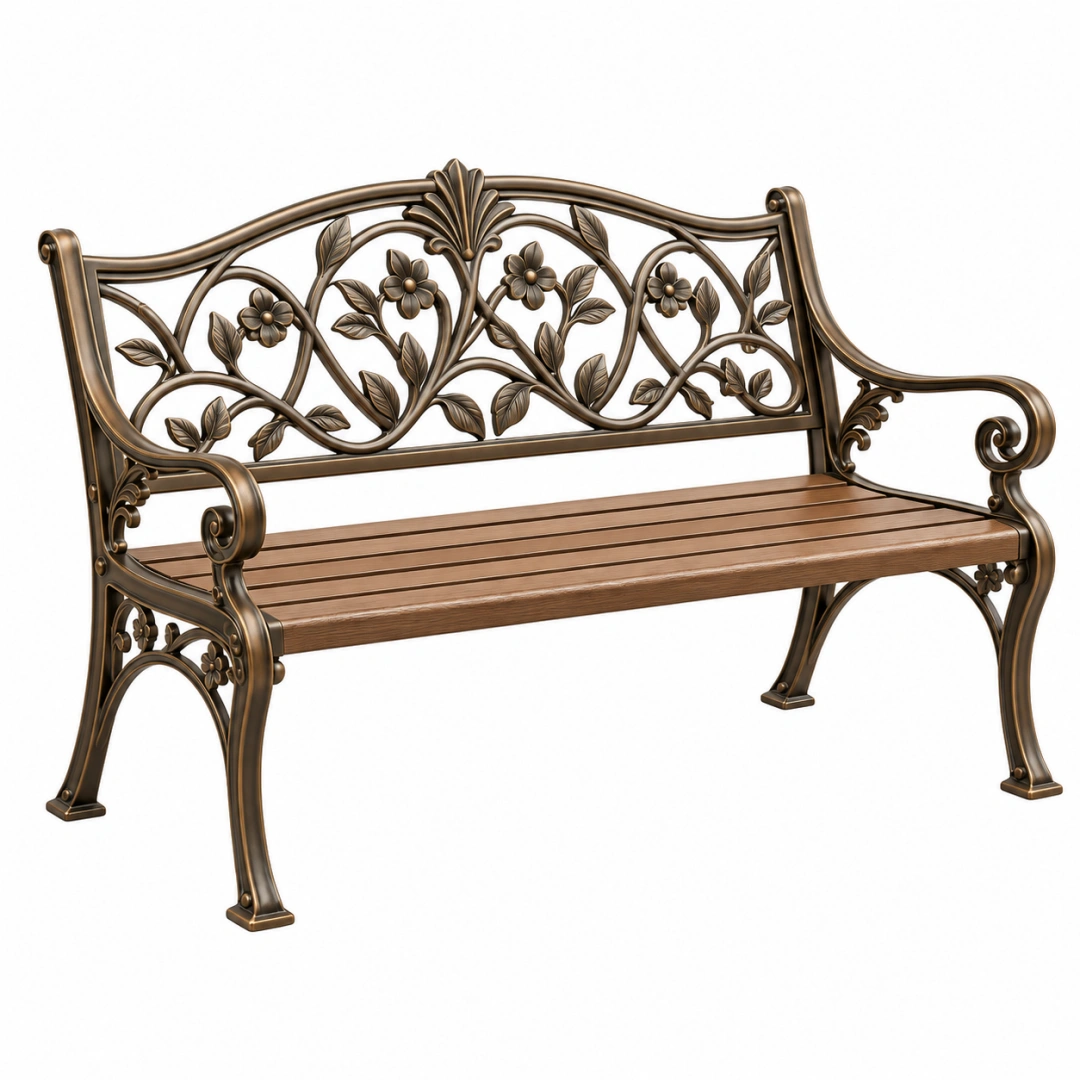 Banco de jardín 125 x 60 x 95 cm de metal y madera marrón estilo floral