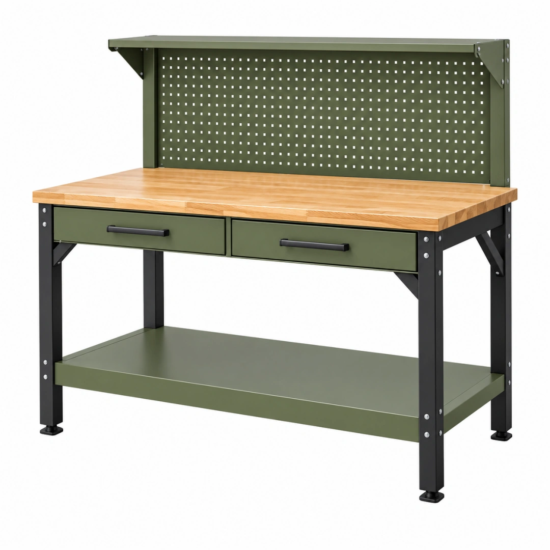 Banco de trabajo 120 cm de acero y madera verde industrial con panel perforado