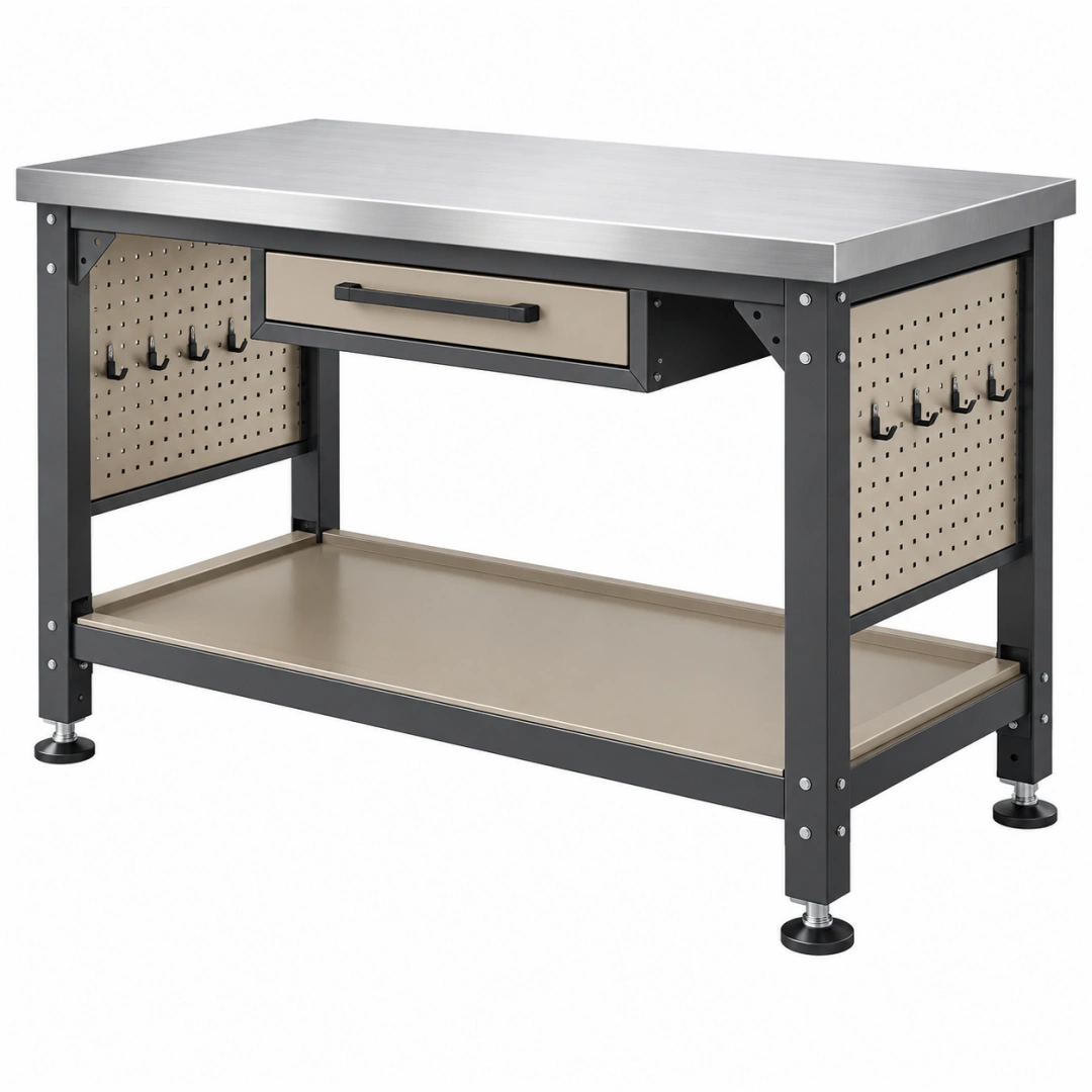 Banco de trabajo 120 x 60 x 85 cm de acero inoxidable gris y negro con cajón y panel perforado